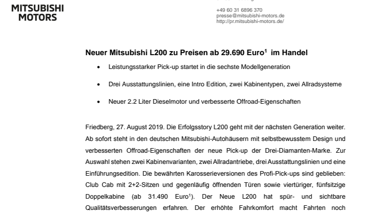 Neuer Mitsubishi L200 zu Preisen ab 29.690 Euro*  im Handel