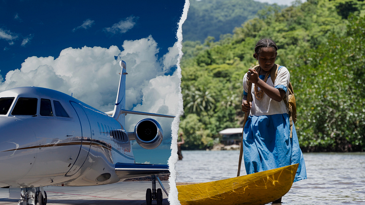 Ett privatjet. Foto: Canva / Shirley, 11 år, tar upp sin kanot. På grund av ökade havsnivåer kan hon inte längre gå till skolan, utan måste åka långt med kanot, ensam. Salomonöarna, 2022. Foto: Ivan Utahenua