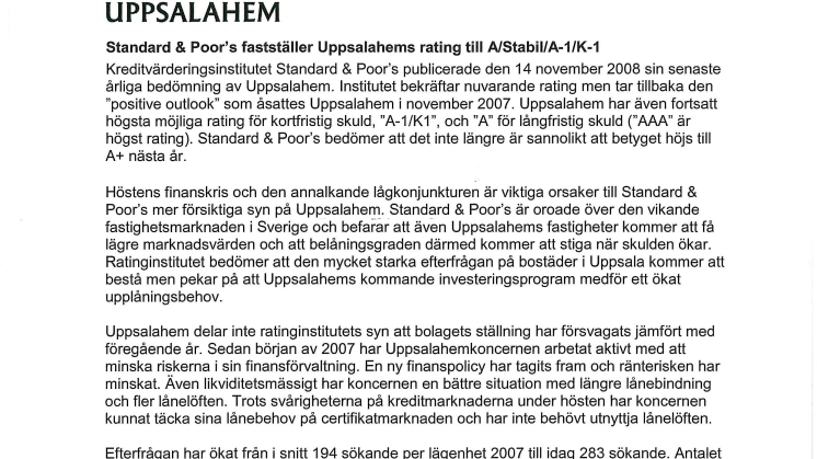Standard & Poor’s fastställer Uppsalahems rating till A/Stabil/A-1/K-1