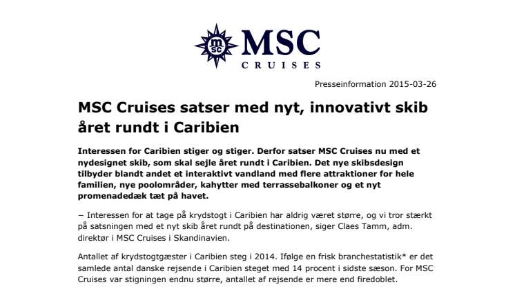 MSC Cruises satser med nyt, innovativt skib året rundt i Caribien