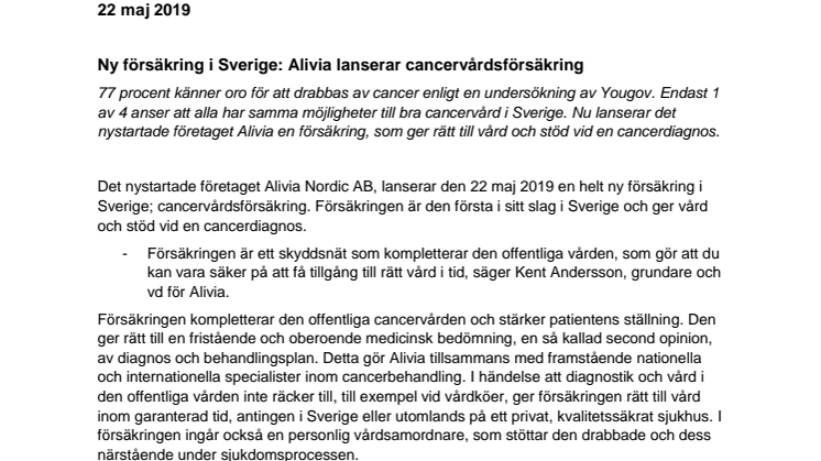 Ny försäkring i Sverige: Alivia lanserar cancervårdsförsäkring