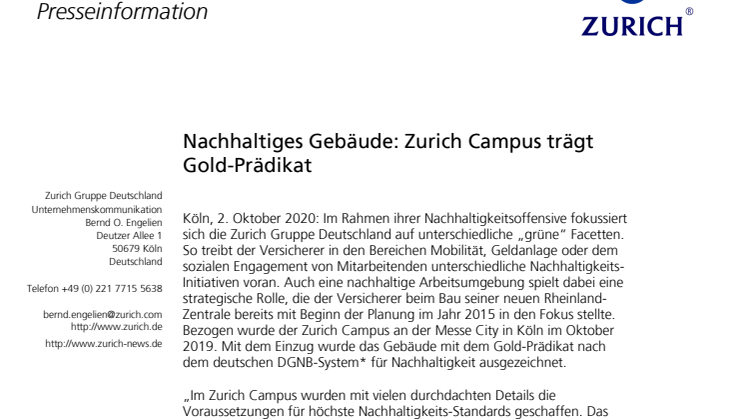 Nachhaltiges Gebäude: Zurich Campus trägt Gold-Prädikat