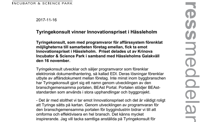 Tyringekonsult vinner Innovationspriset i Hässleholm