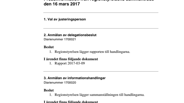 Pressinformation från regionstyrelsen 16 mars 2017