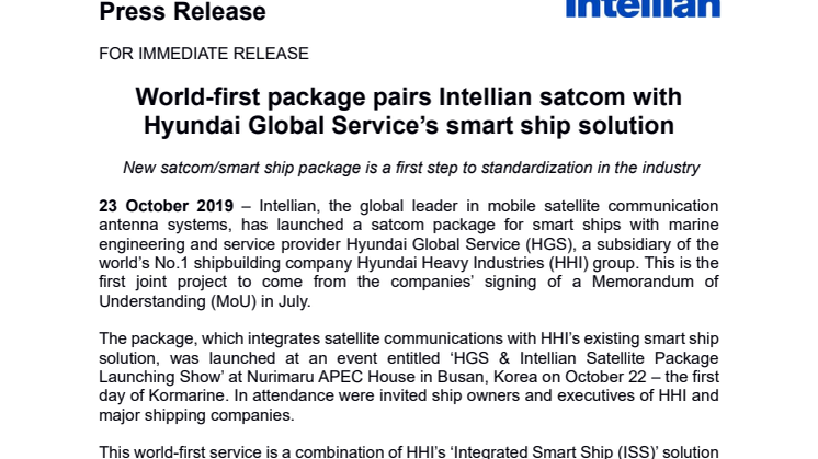 World-first package pairs Intellian satcom with Hyundai Global Service’s smart ship solution