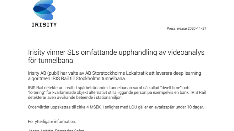 Irisity vinner SLs omfattande upphandling av videoanalys för tunnelbana