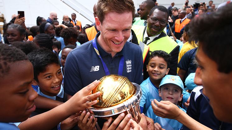 England ODI Captain Eoin Morgan celebrates ICC Men's World Cup win with kids from the All Stars Cricket programme