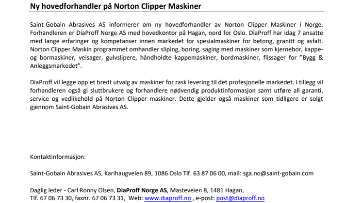 Ny hovedforhandler på Norton Clipper Maskiner