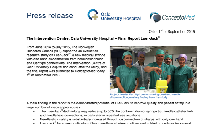 The Intervention Centre, Oslo University Hospital – Final Report Luer-Jack® 