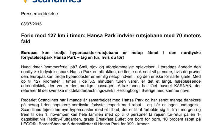 Ferie med 127 km i timen: Hansa Park indvier rutsjebane med 70 meters fald
