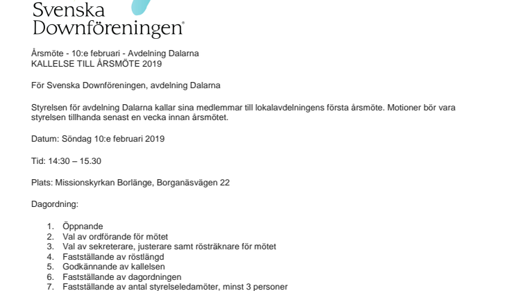 Kallelse till årsmöte i Svenska Downföreningen Avdelning Dalarna