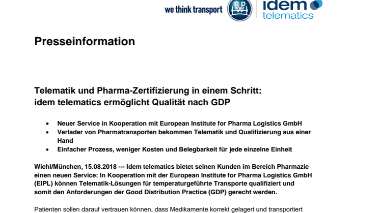 Telematik und Pharma-Zertifizierung in einem Schritt:  idem telematics ermöglicht Qualität nach GDP  