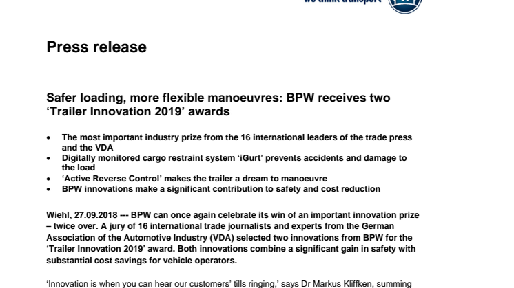 Safer loading, more flexible manoeuvres: BPW receives two ‘Trailer Innovation 2019’ awards 