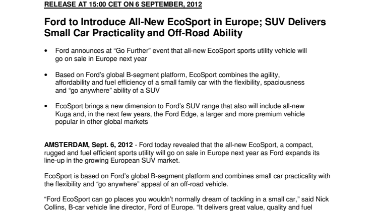 Ford to Introduce All-New EcoSport in Europe; SUV Delivers Small Car Practicality and Off-Road Ability