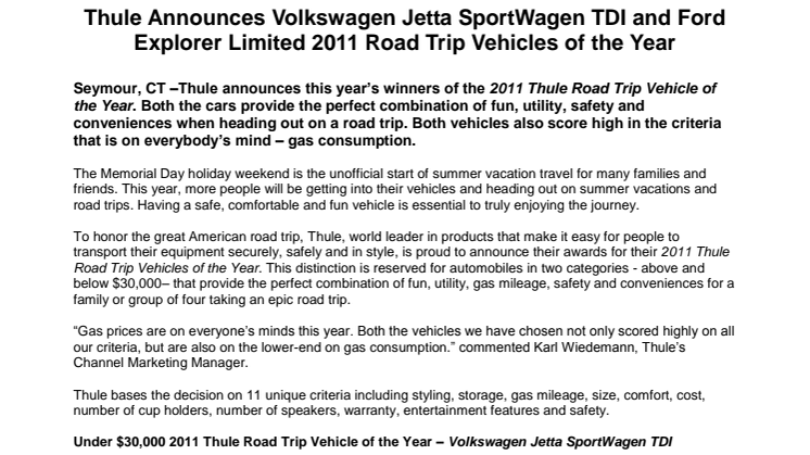 Thule Announces Volkswagen Jetta SportWagen TDI and Ford Explorer Limited, 2011 Road Trip Vehicles of the Year