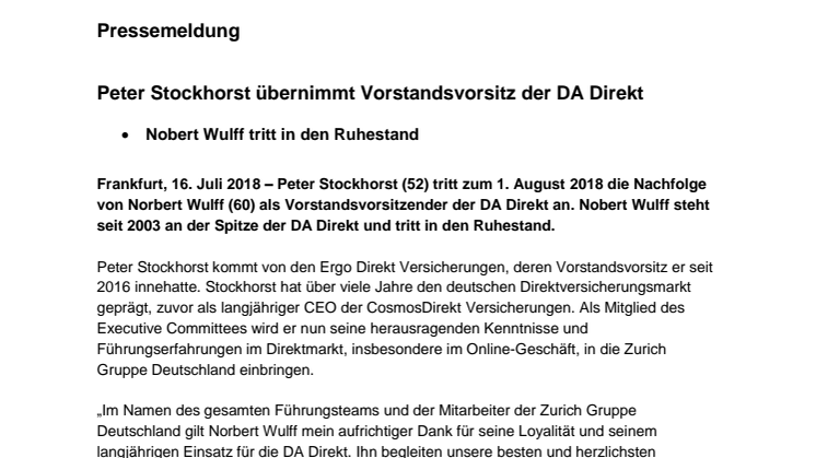 Peter Stockhorst übernimmt Vorstandsvorsitz der DA Direkt