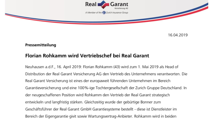Florian Rohkamm wird Vertriebschef bei Real Garant