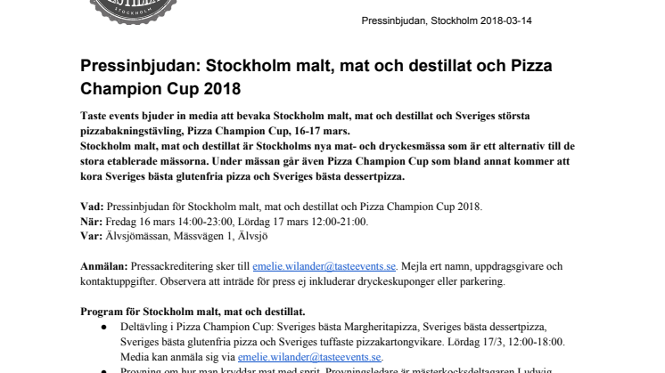Pressinbjudan: Stockholm malt, mat & destillat och Pizza Champion Cup 2018