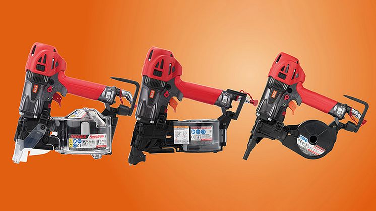 Lättare, tystare, mindre och starkare, tre av MAX Powerlite handverktyg har nu fått en uppgradering,  fr v. MAX HN65S, HN65J2 och HN25C2.