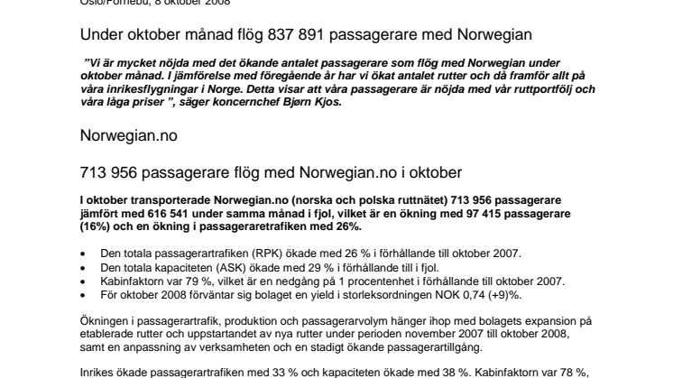 Under oktober månad flög 837 891 passagerare med Norwegian