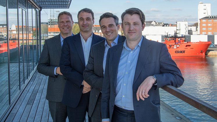 The Managing Director for ESVAGT, Søren Nørgaard Thomsen, with (from the right) Ben Loomes and Scott Moseley, 3i Infrastructure, and Simon Ellis, AMP Capital, the three of whom represent the new owners on the ESVAGT board of directors.