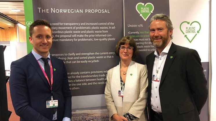 Ellen Behrens from Orkla together with Christoffer Back Vestli, Norwegian Delegate to the Basel Convention COP14 and Kjell Olav Maldum, CEO of Infinitum