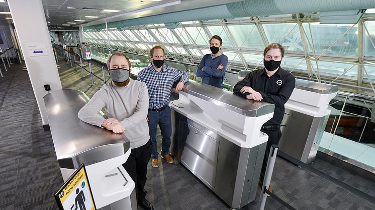 Pictured l-r are Kieran Dougan, Simon Scott-Harden and Howard Fenwick of Northumbria University, and Andrew Sambell of British Engines, with the FLO-SAN hand sanitisation unit at Newcastle Airport