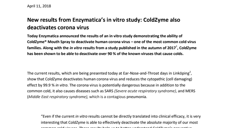 New results from Enzymatica’s in vitro study: ColdZyme also deactivates corona virus