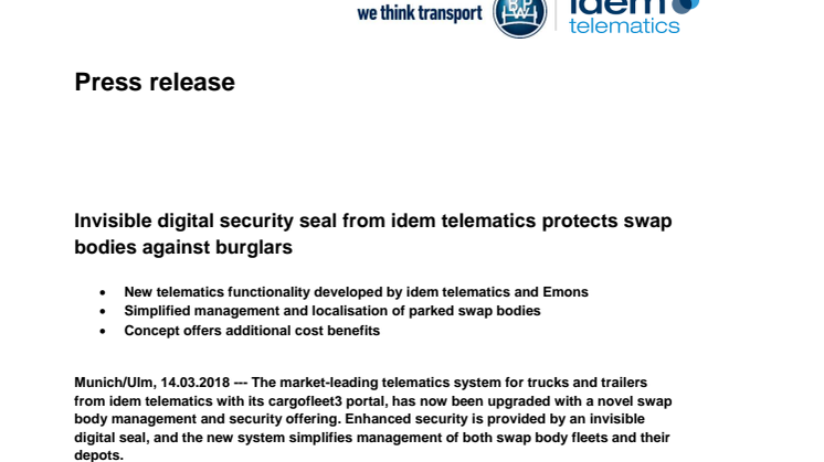 Invisible digital security seal from idem telematics protects swap bodies against burglars