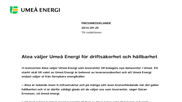 Atea väljer Umeå Energi för driftsäkerhet och hållbarhet