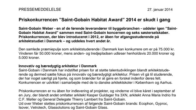 Priskonkurrencen ”Saint-Gobain Habitat Award” 2014 er skudt i gang 