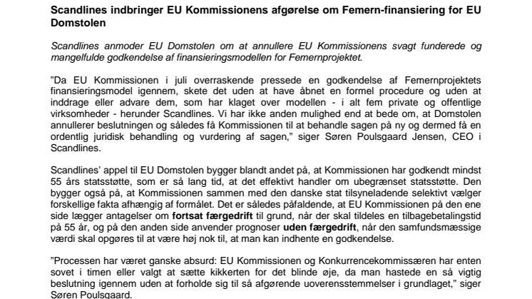 Scandlines indbringer EU Kommissionens afgørelse om Femern-finansiering for EU Domstolen 