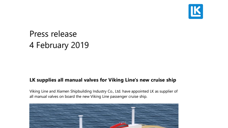 LK supplies all manual valves for Viking Line's new cruise ship
