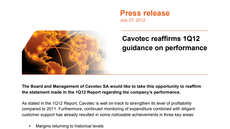 Cavotec reaffirms 1Q12 guidance on performance