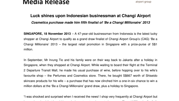 Luck shines upon Indonesian businessman at Changi Airport