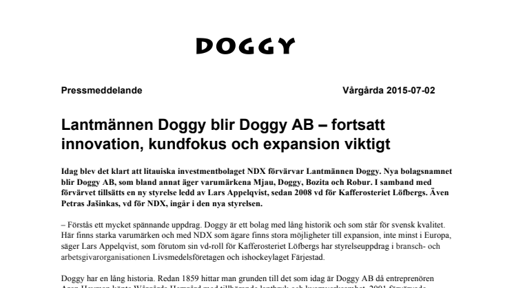 Lantmännen Doggy blir Doggy AB – fortsatt innovation, kundfokus och expansion viktigt