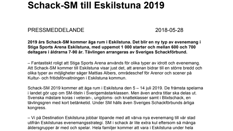 Schack-SM kommer till Eskilstuna 2019
