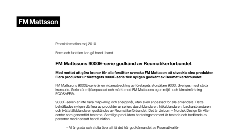 FM Mattssons 9000E-serie godkänd av Reumatikerförbundet