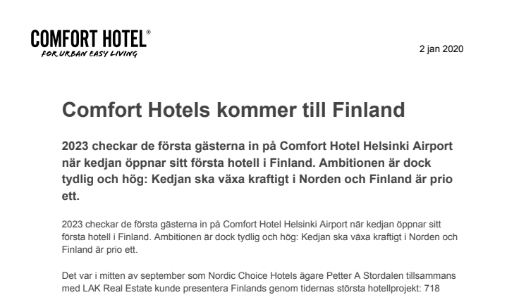 Comfort Hotels kommer till Finland