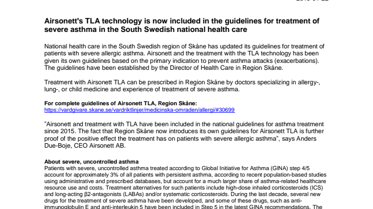 Airsonett's TLA technology is now included in the guidelines for treatment of severe asthma in the South Swedish national health care 