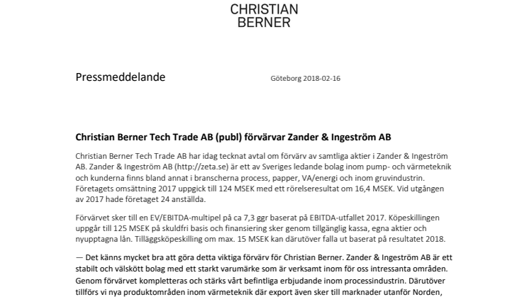 Christian Berner Tech Trade AB (publ) förvärvar Zander & Ingeström AB