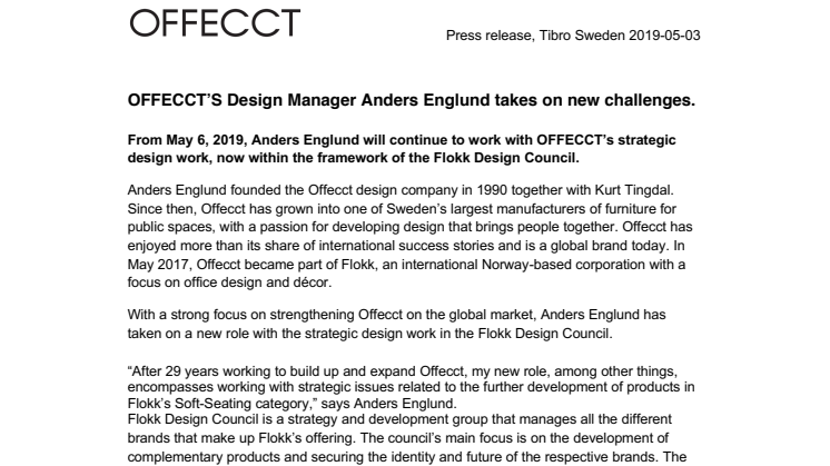 OFFECCT’s Design Manager Anders Englund takes on new challenges