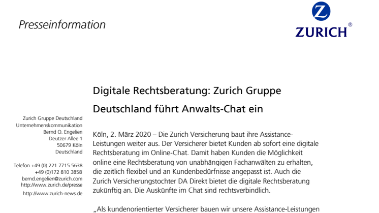 Digitale Rechtsberatung: Zurich Gruppe Deutschland führt Anwalts-Chat ein