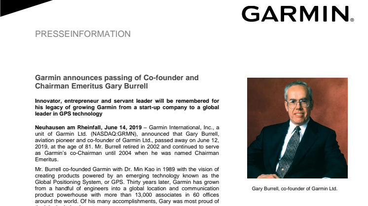 Garmin announces passing of Co-founder and Chairman Emeritus Gary Burrell  
