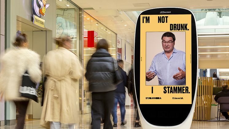 Image of STAMMA advert featuring Peter mid-stammer with the words 'I'm  not drunk, I stammer'