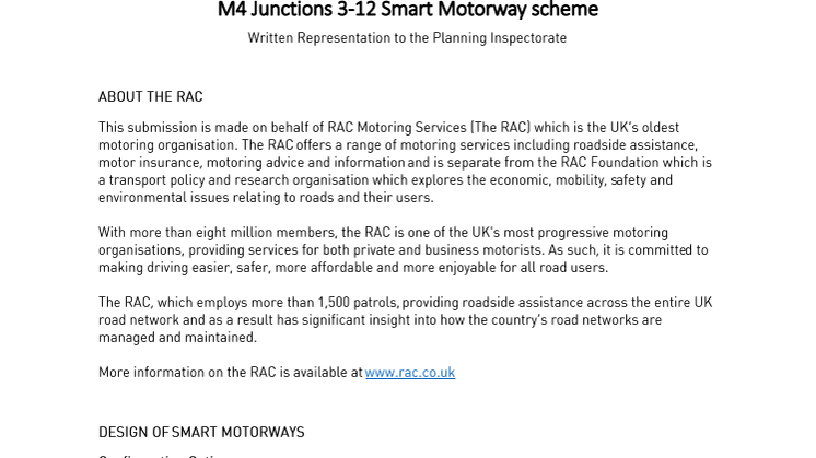 RAC Response to Planning Inspectorate inquiry into M4 (Junctions 3-12) smart motorway scheme