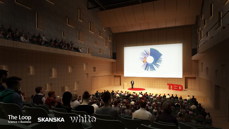 Visualisering av föreläsning i Kongress- och evenemangssalen i the Loop. Foto: Skanska / White