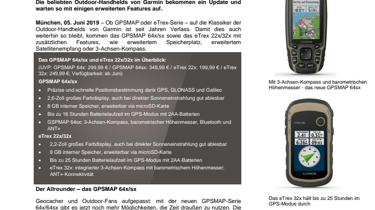 Ein Upgrade – zwei Serien: das GPSMAP 64x/sx sowie das eTrex 22x/32x 