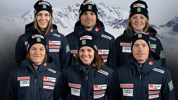 Estelle Alphand, Mattias Rönngren, Hanna Aronsson Elfman, Anna Swenn Larsson, Sara Hector och Kristoffer Jakobsen - laget till alpina VM 2023.
