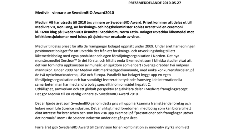 Medivir - vinnare av SwedenBIO Award2010